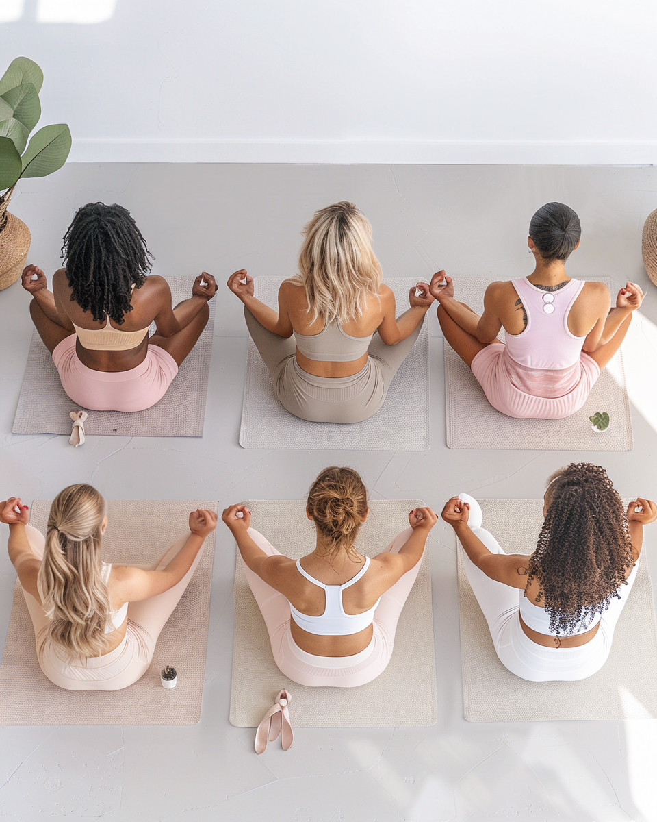 Pan 6 women in their 30s, different skin tones, at a yoga class in white studio, accessories in pink, pastel-green and light-beige, bright atmosphere, photographed from the top, bird's eye view --ar 4:5 Job ID: c84e5afe-5eaa-4710-a4ba-b7e00acbeb74