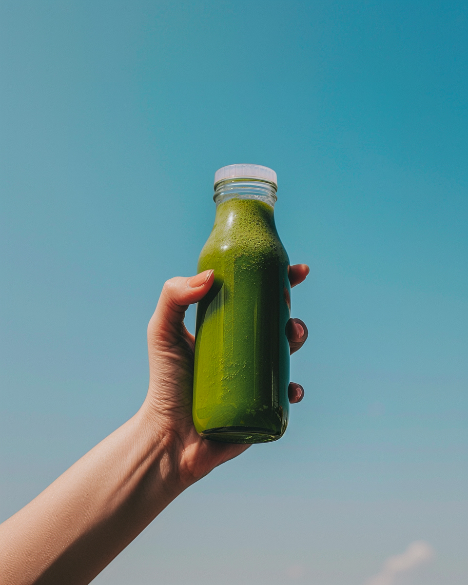 woman hand holding green smoothie in a bottle in front of light-blue sky, airy atmosphere --ar 4:5 Job ID: ae1d8fe8-0c36-41b4-8bc1-2d99428b9626