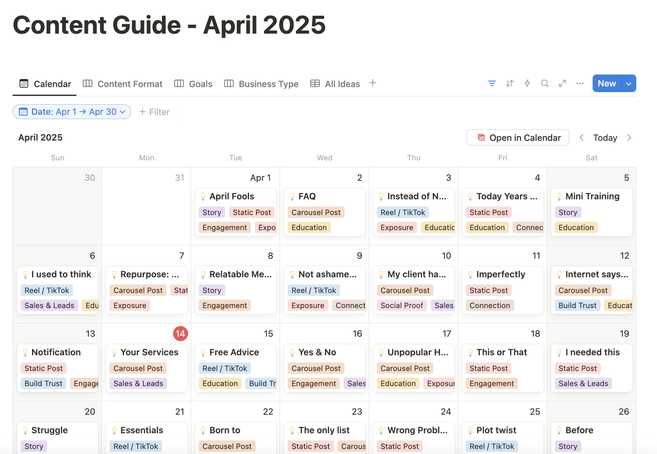 Preview of the content guide calendar in Notion our members get exclusive access to every month